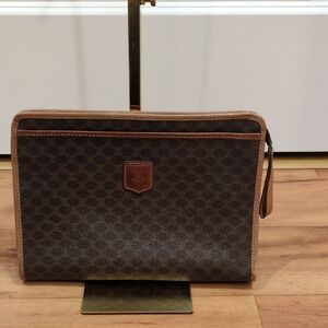 Celine Macadam Dark Brown Pouch Cosmetics Case Travel Bag  Clutch